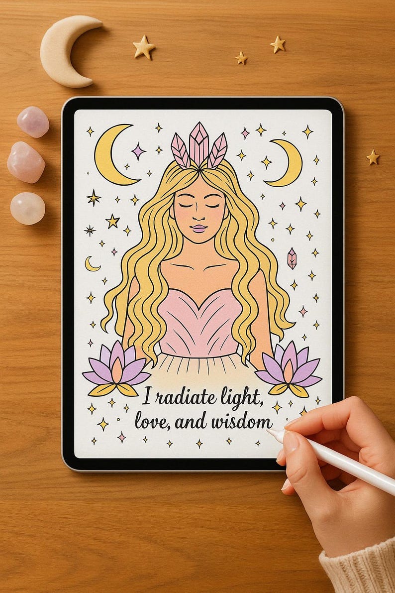 May include: Digital illustration of a woman with long blonde hair wearing a pink dress and a crystal crown. She is surrounded by stars, moons, and flowers. The text "I radiate light, love, and wisdom" is written below her.