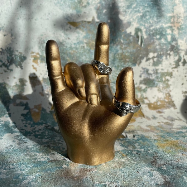 gold hand ring holder | 4.6 inch hand ornament | sculpture | figurine | rock | metal | alternative | handmade | jewellery storage