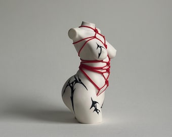 neo-tribal tattoo curvy female body sculpture with red shibari [4 inch]