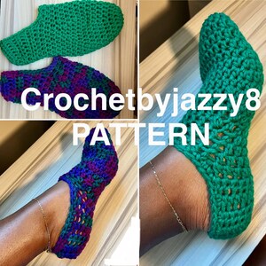 May include: Crochet by Jazzy8 PATTERN. Two pairs of crocheted slippers, one pair is green and the other is a mix of purple, green, and blue.