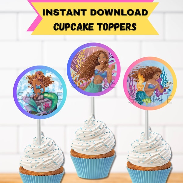 Little Mermaid Birthday Party, Little Mermaid Cupcake Toppers, Live Action, Ariel Toppers, Instant Download, PDF, Black Mermaid