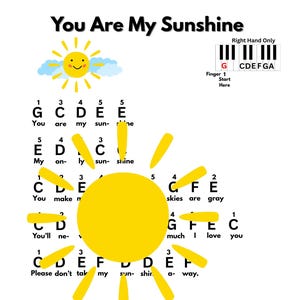 Puede incluir: Una partitura blanca con la frase "You Are My Sunshine" en negro. Un sol amarillo con una cara sonriente y rayos está en el centro. Incluye un diagrama de teclas de piano y notas musicales.