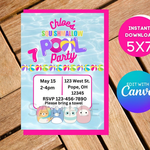 Squishmallow Pool Party Birthday Invitation- Personalized Invitation- Editable Instant Digital Download-Add Your Own Photo Picture