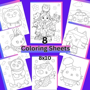 Disegni da colorare della casa delle bambole di Gabby, bomboniere, festa di compleanno della casa delle bambole di Gabby, download digitale istantaneo 8x10, attività divertenti per bambini, gioco