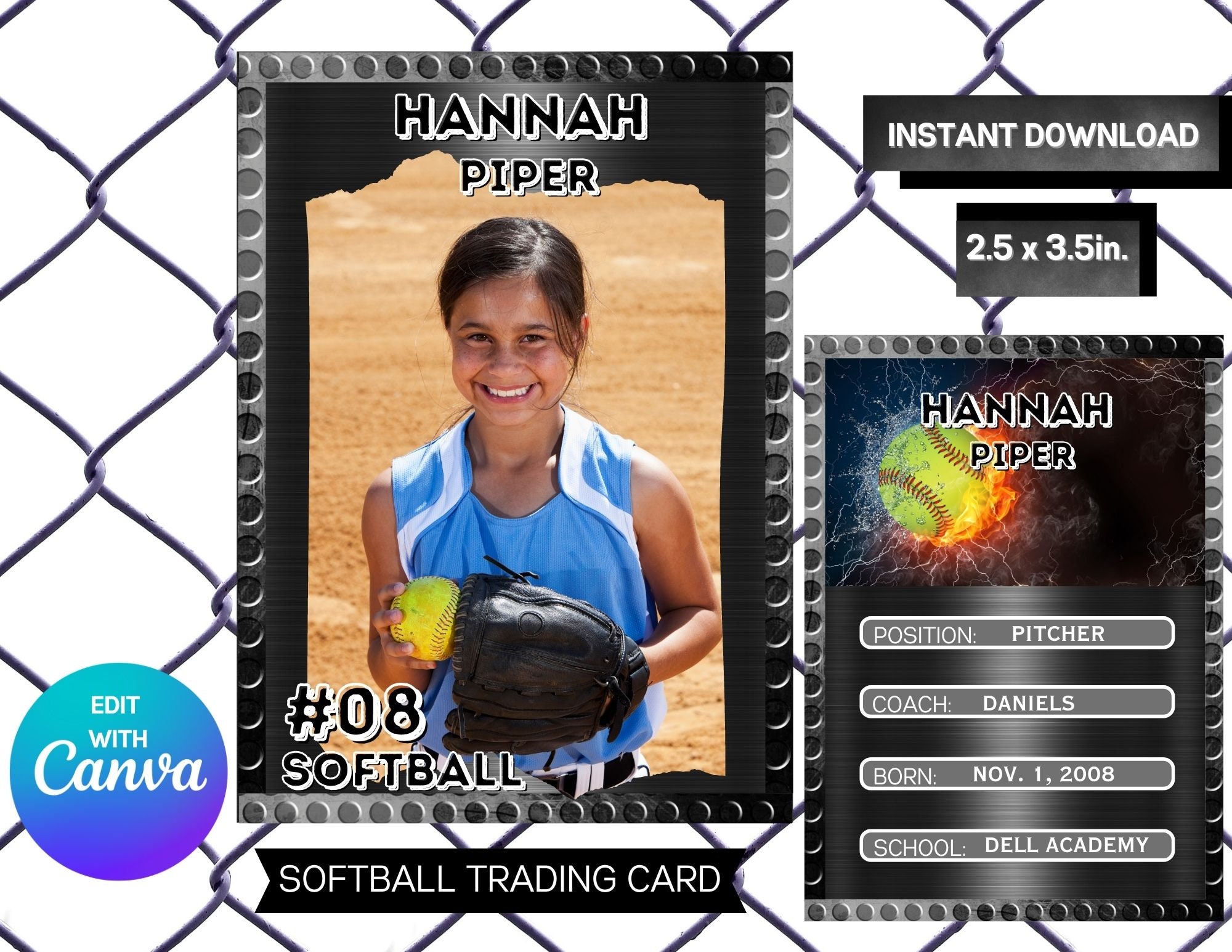 Softball Trading Card Template Softball Card Template Etsy