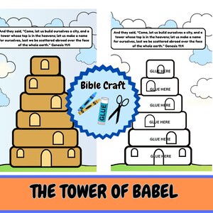 Pode incluir: Duas ilustrações da Torre de Babel, uma colorida e outra para colorir. A versão colorida é bege com portas arqueadas. O texto diz "Bible Craft" e "A Torre de Babel". Inclui uma citação de Gênesis 11:4.