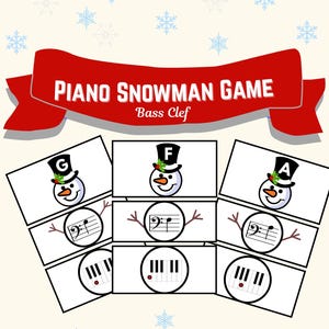 May include: A festive "Piano Snowman Game" with a red banner. The game features snowman illustrations with musical notes and piano keys. The text "Bass Clef" is also included. Snowflakes decorate the background.