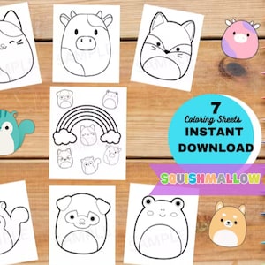 7 Squishmallow Coloring Sheets- Birthday Activity- Party Favor- Squirrel- Fox- Dog- Cow- Frog- Cat- Rainbow