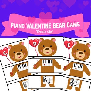 May include: A Valentine's Day-themed educational game featuring cartoon teddy bears holding heart-shaped balloons with musical notes and piano keys. The banner reads "PIANO VALENTINE BEAR GAME" with "Treble Clef" below. The background is purple with heart shapes.