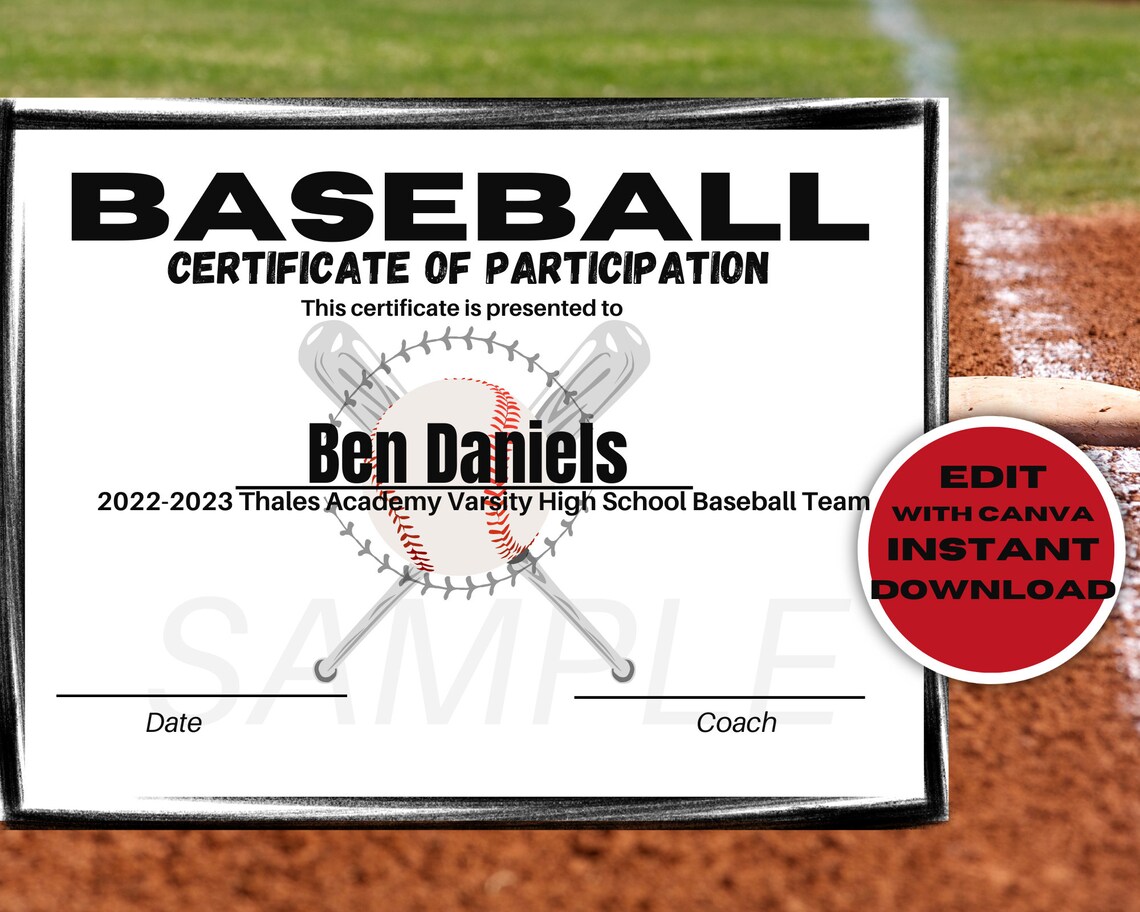 Editable Baseball Certificate of Participation Template Etsy