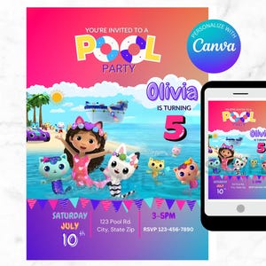 Invitación de cumpleaños digital para fiesta en la piscina de la casa de muñecas de Gabby, plantilla editable, invitación de fiesta de cumpleaños imprimible para niña, descarga digital
