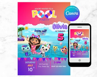 Gabby&#39;s Dollhouse Pool Party Invitation: Editable Digital Template (5x7 inch)
