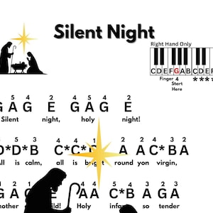 May include: Sheet music for "Silent Night" with musical notes and lyrics. The title is at the top, with a keyboard diagram and a nativity scene silhouette. The text includes musical notation and lyrics.