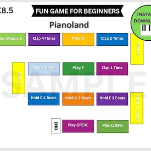 May include: A colorful game board titled "Pianoland" for beginners, featuring instructions like "Play Middle C" and "Clap 4 Times." The design includes a green circle with "Instant Download" and a piano key graphic. The dimensions are 11x8.5 inches.
