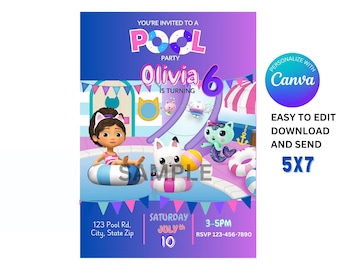 Gabby&#39;s Dollhouse Pool Party Invitation: Editable Birthday Template (Digital Download)