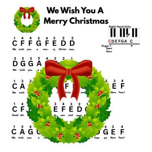 Könnte beinhalten: Ein weihnachtliches Bild mit einem grünen Kranz, der mit roten Beeren und einer roten Schleife verziert ist. Der Text "We Wish You A Merry Christmas" wird zusammen mit Noten und Fingernummern zum Klavierspielen angezeigt.