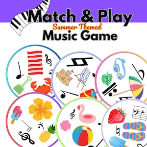 以下が含まれることがあります： Match & Play Summer Themed音楽ゲーム。ビーチタオル、カニ、砂の城、ゴーグル、フラミンゴ、ビーチサンダルなどの夏のアイテムのカラフルなイラストと、様々な黒い音符が描かれた6枚の円形カードで構成されています。