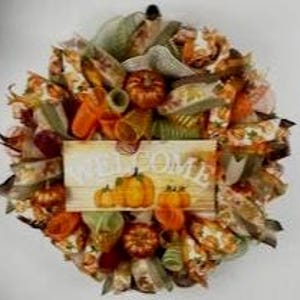 Fall Welcome Wreath with beautiful ribbons, sign and embellishments