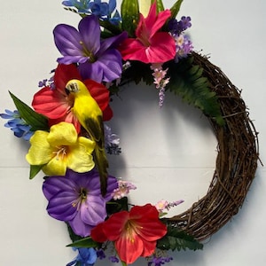 Bold and Colorful Hibiscus Wreath with Yellow  Parrot