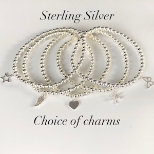925 Sterling Silver bead stacking bracelet with a choice of charm and bead size.Real Silver. Elasticated