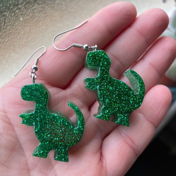 T-Rex Resin Earrings - Dinosaur Earrings - Dangle Earrings - Glitter