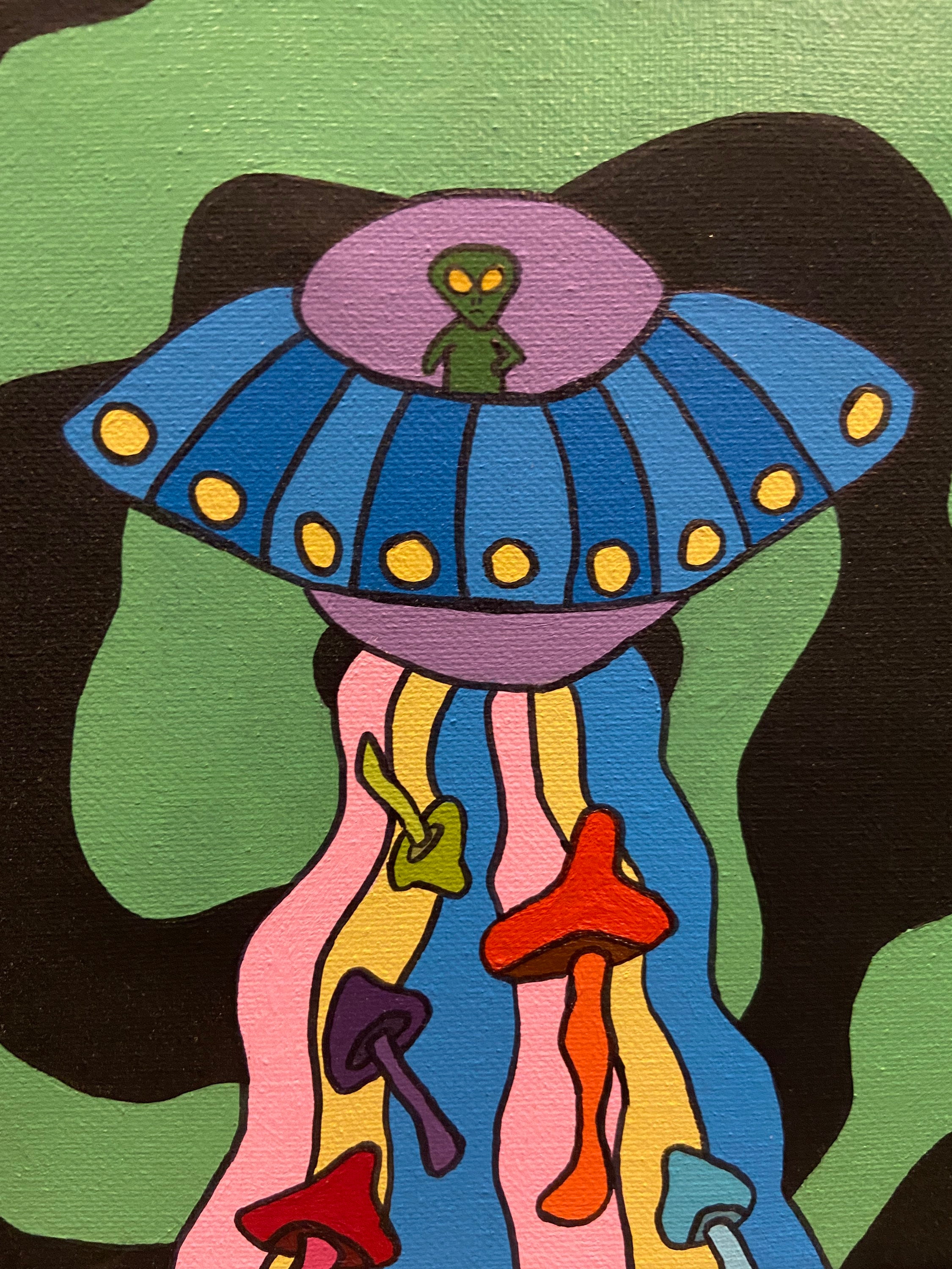 Handmade Original Acrylic Painting Alien UFO Magic Mushroom Trippy on ...