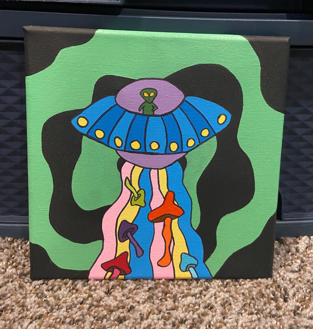 Handmade Original Acrylic Painting Alien UFO Magic Mushroom Trippy on ...