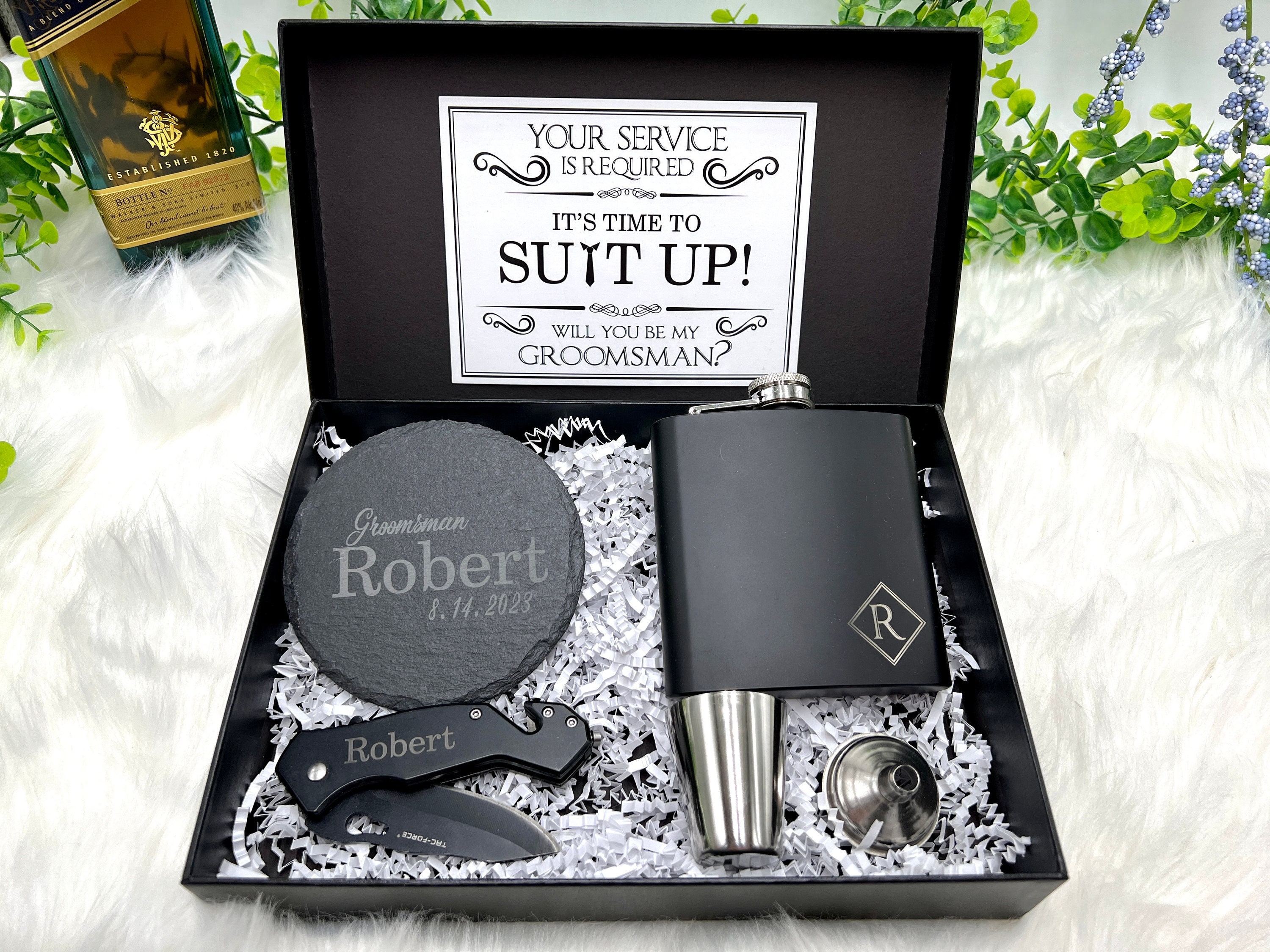  Embossed Gift Box Set with Carved Pocket Knife, Engraved Flask  and Personalized Leather Case for Groomsmen Gifts, Best Man, Gift for  Husband, Father, Boyfriend : Handmade Products