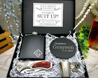 Groomsmen Proposal Gift Box, Groomsmen Gift, Gift for Best Man, Pocket Knife, Engraved Flask, Personalized Gift, Coaster