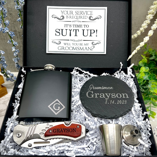 Groomsmen Proposal Gift Box, Groomsmen Gift, Gift for Best Man, Pocket Knife, Engraved Flask, Personalized Gift, Coaster