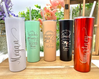 Skinny Tumbler, Engraved and Personalized 20oz Insulated Skinny Tumbler with Lid and Straw, Bachelorette Party Favors, Girls Trip Tumblers