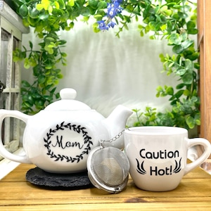 Birthday Gift, Tea set, Gift for Mom, Porcelain Teacup and Teapot, Tea strainer and Dish, Gift set for Tea Lovers