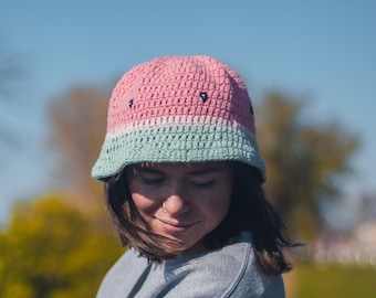 Watermelon Styled Bucket Hat , Summer Beach Handmade Hat, Crocheted Floppy Hat, Pink, Green, Fruit Cottagecore Hat, Adult and Child Sizes