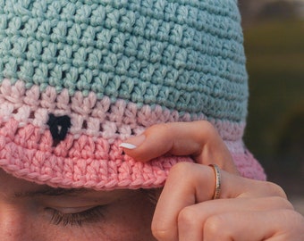 Watermelon Styled Bucket Hat , Summer Beach Handmade Hat, Crocheted Floppy Hat, Pink, Green, Fruit Cottagecore Hat, Adult and Child Sizes