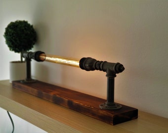 Kp4 - Lampe tuyau industrielle avec ampoule tube Edison/Lumière steampunk/Lampe de bureau/Lampe en bois brûlé