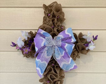 Easter Cross, Cross for Front Door, Burlap Cross, Easter Cross Wreath, Faith Cross, Religious Cross, Burlap Cross with Spring Flowers