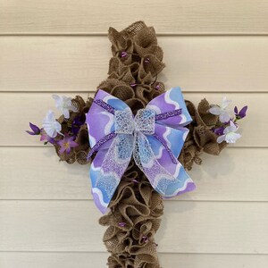 Easter Cross, Cross for Front Door, Burlap Cross, Easter Cross Wreath, Faith Cross, Religious Cross, Burlap Cross with Spring Flowers