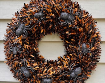Halloween Tinsel Wreath, Spider Wreath, Halloween Decor, Spooky Halloween Wreath