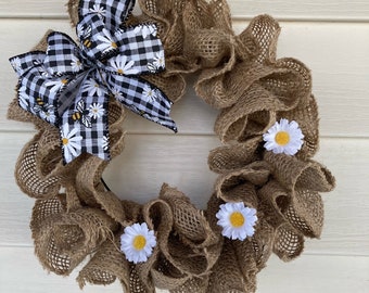 Mini Burlap Wreath, Farmhouse Wreath, Buffalo Plaid Burlap Wreath, Burlap Wreath for Front Door, Black and White Buffalo Plaid Wreath