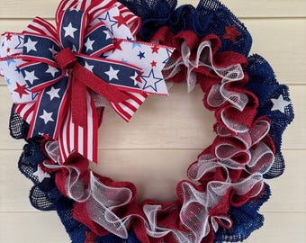 Patriotic Burlap Wreath, Patriotic Decor, Memorial Day, Veterans Day, Americana, 4th of July Front Door Wreath