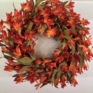 Fall Wreath for Front Door, Fall Decor, Orange Forsythia Wreath with Berries, Thanksgiving Wreath, Rustic Fall Wreath, Berry Wreath
