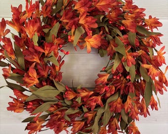 Fall Wreath for Front Door, Fall Decor, Orange Forsythia Wreath with Berries, Thanksgiving Wreath, Rustic Fall Wreath, Berry Wreath