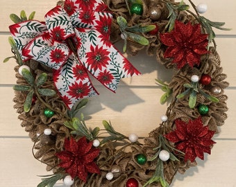 Poinsettia Wreath, Christmas Wreath, Christmas Poinsettia Wreath, Christmas Wreath for Front Door, Holiday Wreath, Burlap Poinsettia Wreath