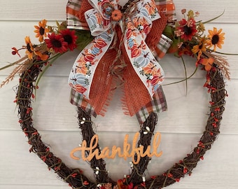 Pumpkin Wreath, Fall Pumpkin Wreath, Thanksgiving Wreath, Pumpkin Wreath for Front Door, Grapevine Pumpkin Wreath, Fall Grapevine Wreath