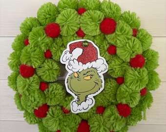 Grinch Christmas Holiday Wreath, Grinch Pom-Pom Wreath, Grinch Decor