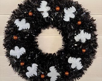 Halloween Tinsel Wreath, Spider Wreath, Halloween Decor, Spooky Halloween Wreath