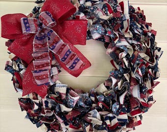 Patriotic Rag Wreath, Patriotic Wreath, July 4 Wreath, Memorial Day Wreath, Patriotic Decor