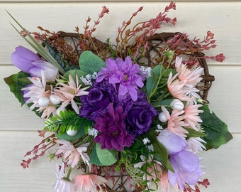 Spring Wreath, Heart Flower Wreath, Summer Wreath, Pretty Flower Wreath for Front Door, Pink and Purple Wreath, Heart Wreath
