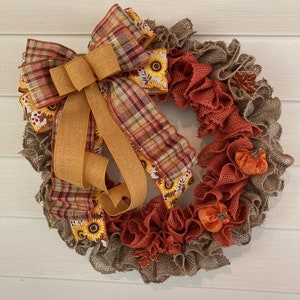 Fall Wreath, Thanksgiving Wreath, Fall Burlap Wreath For Front Door, Fall Farmhouse Wreath, Autumn Plaid Wreath, Fall Decor, Pumpkin Wreath