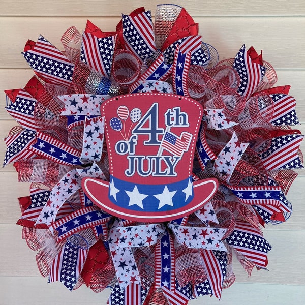 Sparkly Patriotic Wreath for Front Door, Patriotic Mesh Wreath, Fourth of July Wreath, Front Door Wreath, July 4th Wreath, Patriotic Wreath